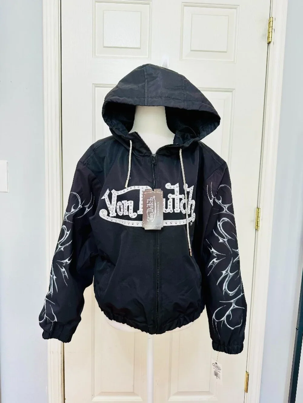 VON DUTCH RHINESTONE STUDDED FULL ZIP HOODED WINDBREAKER LIGHT JACKET BLACK XL - Picture 1 of 10